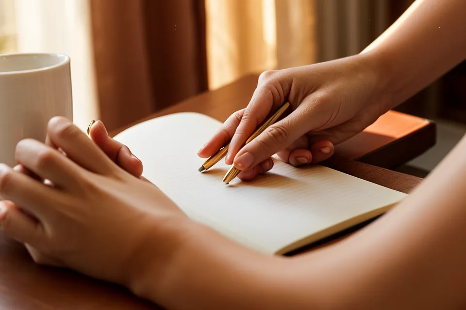 Main tenant un stylo au-dessus d'un carnet, réflexion sur la confiance en soi avant de reprendre contact avec un ex