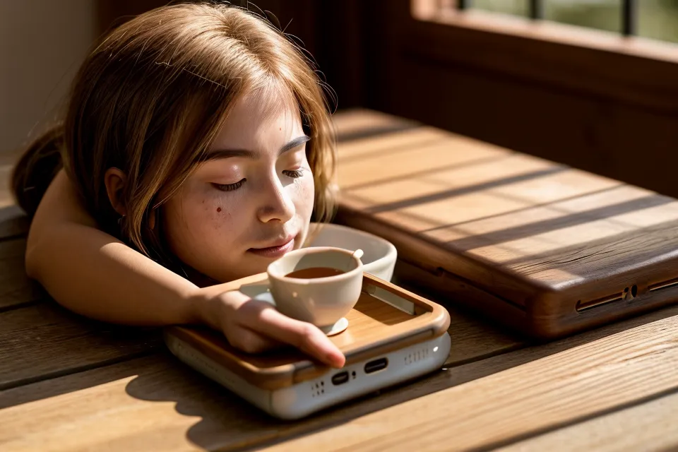 Un téléphone portable posé sur une table en bois dans une lumière douce de fin de journée.