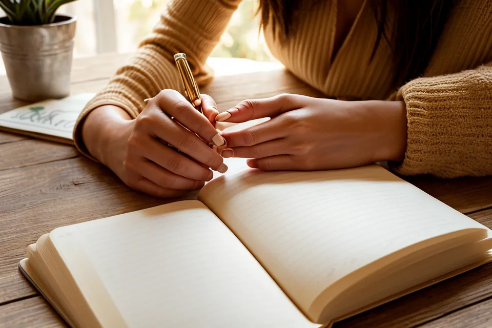 Mains écrivant dans un journal intime pour illustrer le travail de reconstruction de soi.