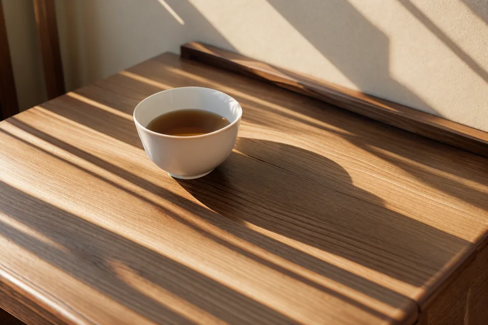 Un carnet de notes et une tasse de café sur un bureau en bois sous une lumière matinale douce