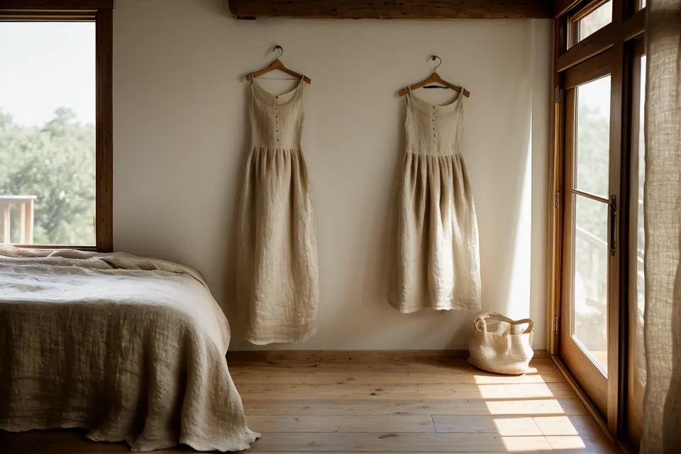 Une robe posée sur un lit dans une chambre ensoleillée avec des rideaux en lin