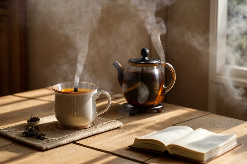 Une tasse de thé fumante et un carnet fermé sur une table en bois