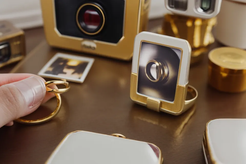Une bague en or et des photos polaroïd sur une table de nuit