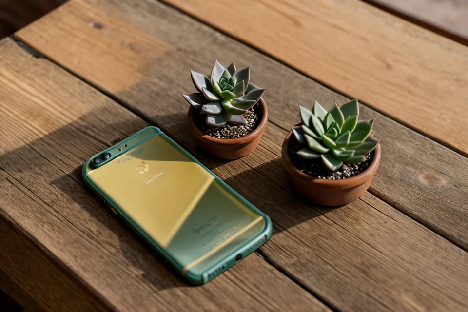 Un smartphone posé face contre terre à côté d'une petite plante grasse